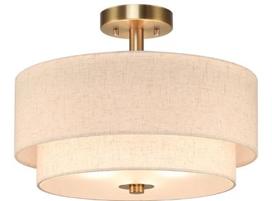 Lighting 40cm Linen Semi Flush Ceiling Light for Living Room, Brass  3-Light Dual Drum Chandelier, Fabric Linen Shade, E27, Modern Ceiling Lights for Bedroom Kitchen Entryway Hallway Dining Room