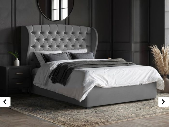 Grey Velvet King Size Ottoman Bed with Winged Chesterfield Headboard - Safina