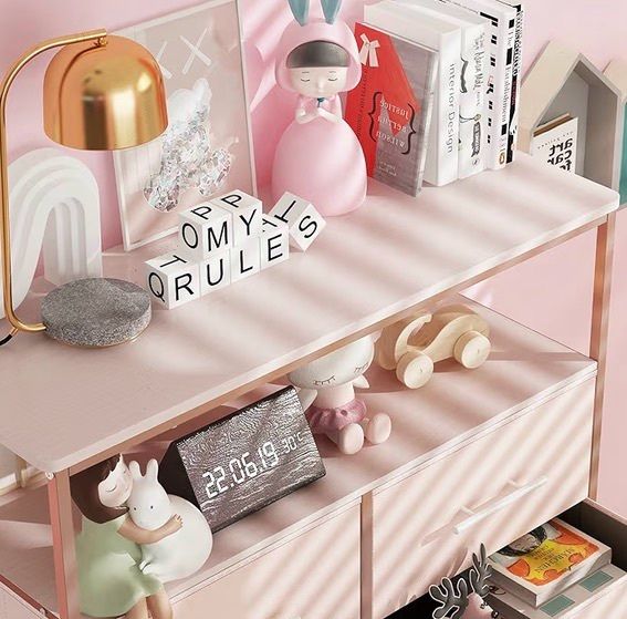 Dresser for Bedroom with 8 Fabric Drawers, Tall Storage Organizer Unit with 2 Layers Shelf, TV Stand with Sturdy Metal Frame (Pink)