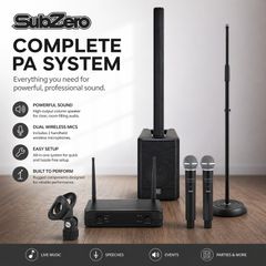 SubZero L410X Bluetooth Column PA System, plus Microphones and Microphone stand.
