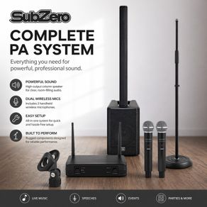 SubZero L410X Bluetooth Column PA System, plus Microphones and Microphone stand.