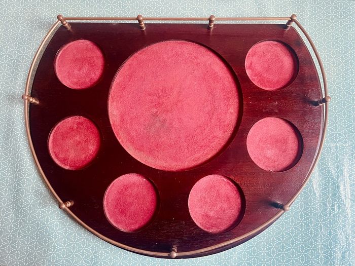 Vintage Wine Decanter Set 6 Large Goblets Brass Gallery Wood Tray