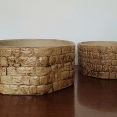 Vintage 50s pair of brickwork pottery planters