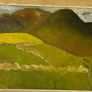 An original regional landscape painting depicting a mountainous Irish rural scene with traditional dry-stone walls, rolling green pastures, and a patch of bright yellow crop or gorse under an overcast sky Image 2
