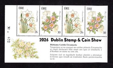2026 Ireland Stamp & Coin Show Souvenir Sheet No 72 overprinting Irish Garden Flowers (Hibernian HP40) Commemorative Stamps Booklet Pane Mint Never Hinged (MNH)