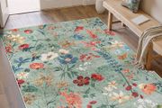 Living Room Green Washable Flower Area Rug 80x150cm Non Slip Boho Natural Modern Floral Large Carpet Dining Room Bedroom Kitchen Hall Lounge Office Low Pile Soft Carpets
