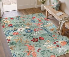 Living Room Green Washable Flower Area Rug 80x150cm Non Slip Boho Natural Modern Floral Large Carpet Dining Room Bedroom Kitchen Hall Lounge Office Low Pile Soft Carpets