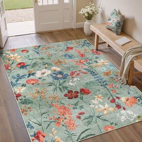 Living Room Green Washable Flower Area Rug 80x150cm Non Slip Boho Natural Modern Floral Large Carpet Dining Room Bedroom Kitchen Hall Lounge Office Low Pile Soft Carpets