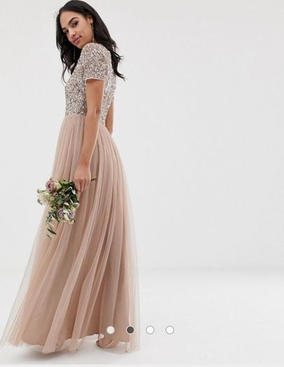 Maya Bridesmaid v neck maxi tulle dress with tonal delicate sequins in taupe blush