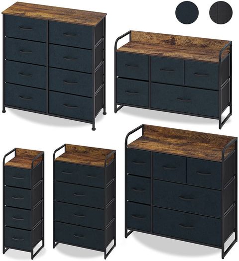 _Chest of Drawers with 5 Drawers Suede Fabric Cabinet Low Sideboard Vintage Highboard Metal Cabinets Organiser TV Cabinet Small Kitchen Bedroom Office Living Room Black + Grey Wood + Steel