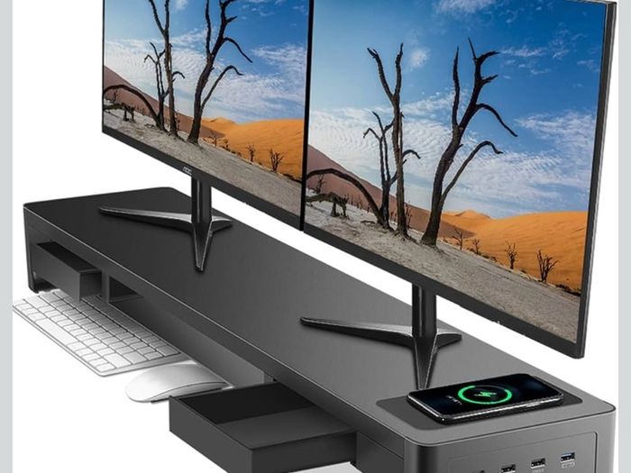Dual Monitor Stand Riser with Drawer, Wireless Charging, USB