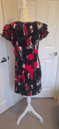 AX Paris Red Black Abstract Print Frill Sleeve Bodycon Dress Size 12 Party
