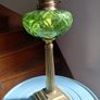 antique French large green glass oil lamp, works Image 3