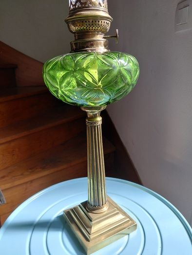 antique French large green glass oil lamp, works