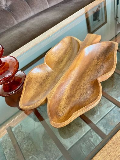 Vintage Teak Wood Serving Butterfly Leaf Shaped Bowl Two Section Tray