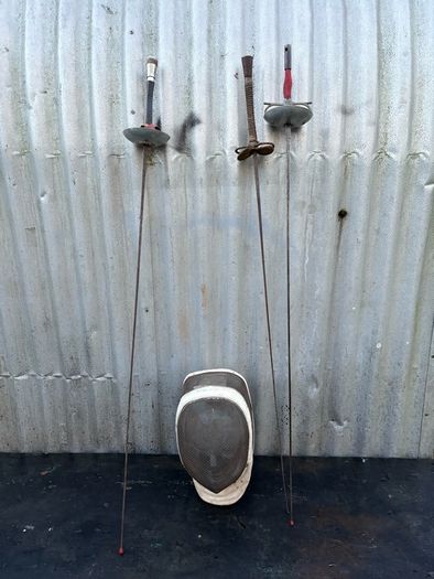 Vintage French Foils, Epee, Sabre and fencing mask. c1920