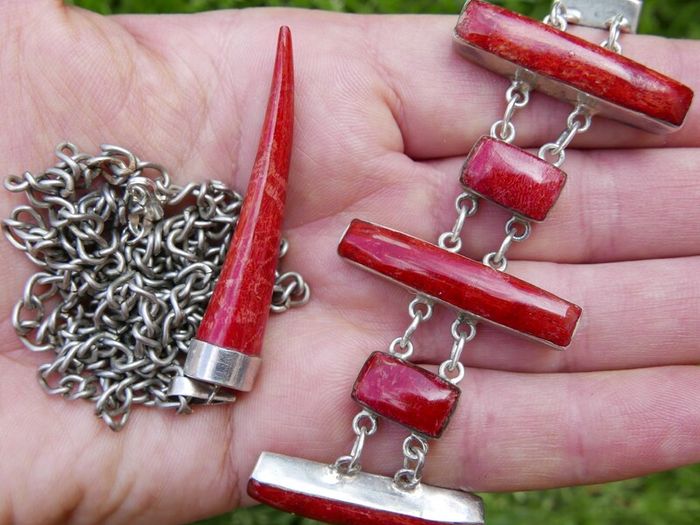 Vintage Red Fossilized Coral .925 Sterling Silver handcrafted Large Bali Bracelet and Red Coral Horn Pendant Necklace