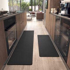 2 Piece Kitchen Mats Rug Set, Anti Fatigue Standing Mat Area Rugs Waterproof Leather, Non-slip, Oil Resistant Floor Mats for Kitchen, Office (43 x 75 cm + 43 x 150 cm, Black)