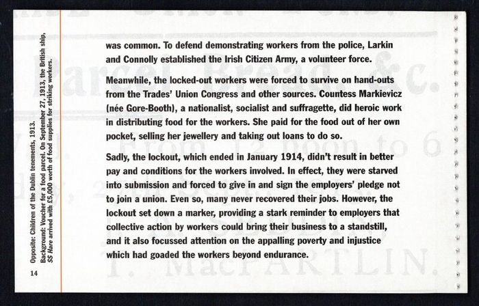 2013 Ireland Centenary of the General Lockout Commemorative Stamp Booklet Mint Never Hinged (MNH). Photos of contents shown.