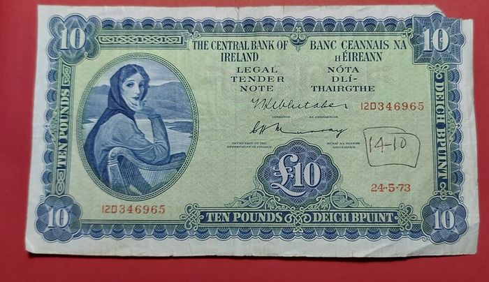Irish 1973  Lavery Ten pound  banknote in  fine condition