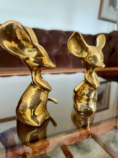 Two Vintage Stylised Big Eared Brass Mouse Figurines Brass Mice Ornaments 1970s