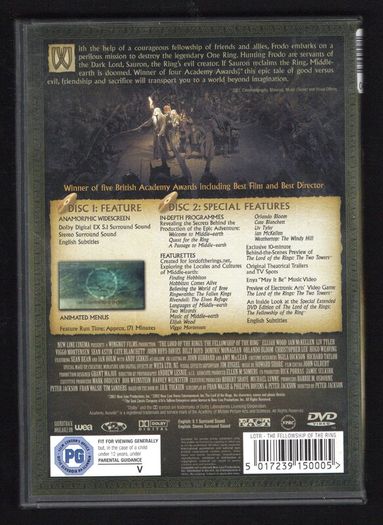 Lord Of The Rings Fellowship Of The Ring DVD Movie. Staring Elijah Wood, Sean Bean  and Viggo Mortensen