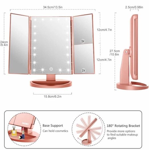 Vanity Makeup Mirror,1x/2x/3x Tri-Fold Makeup Mirror with 21 LED Lights and Adjustable Touch Screen