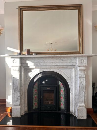 stanley stove&marble fireplace