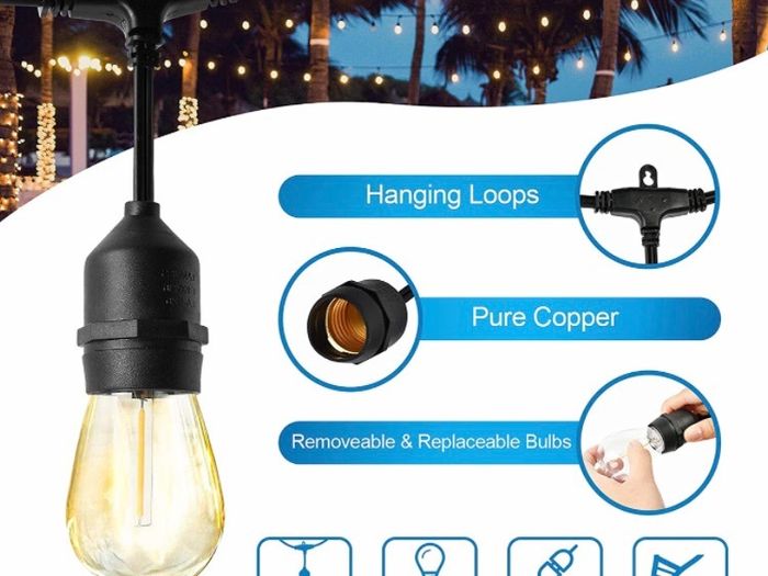 Festoon Lights Outdoor String Lights 48FT with 15+3 Plastic Bulbs IP65 Festoon Lights Mains Powered Patio Lights (FREE POSTAGE)
