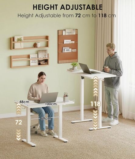 Standing Desk, Small Height Adjustable Desk with 3 Memory Heights 100cm Electric Sit Stand Table for Home Office Workstation, Compact Rising Computer Table for Small Spaces, White