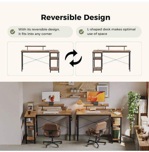 L-Shaped Desk with LED, 120x70cm Computer Desk with Monitor Stand