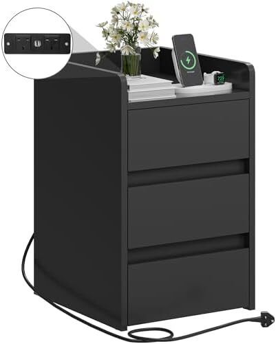 Bedside Table with 3 Drawers and Power Station, Modern Nightstand End Table, Water-Resistant Storage Side Table for Living Room and Bedroom, 35 x 40 x 59cm (Black)