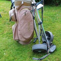 golf bag, trolley, and a couple of clubs