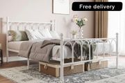 Double Metal Bed Frame 135 x 190 cm with Headboard and Footboard Heavy Duty Foundation,Metal Slat Support,White,