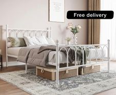 Double Metal Bed Frame 135 x 190 cm with Headboard and Footboard Heavy Duty Foundation,Metal Slat Support,White,