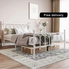 Double Metal Bed Frame 135 x 190 cm with Headboard and Footboard Heavy Duty Foundation,Metal Slat Support,White,