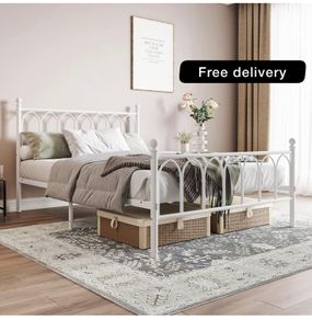 Double Metal Bed Frame 135 x 190 cm with Headboard and Footboard Heavy Duty Foundation,Metal Slat Support,White,
