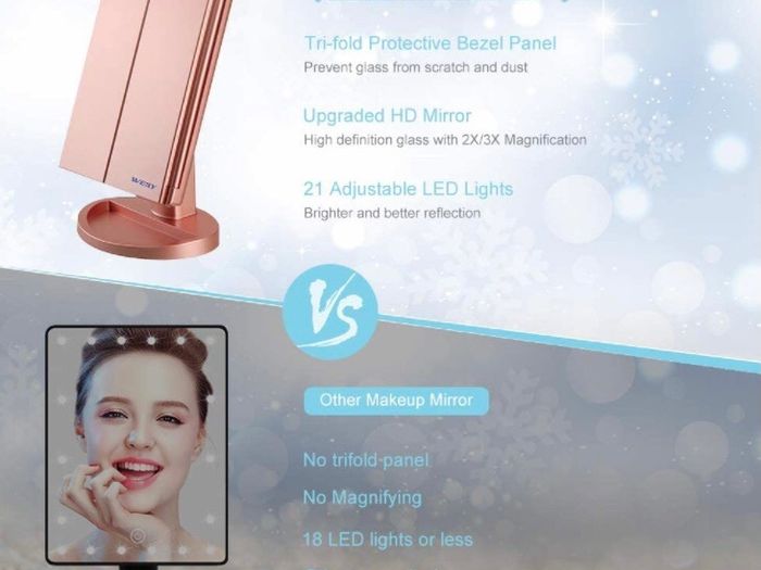 Vanity Makeup Mirror,1x/2x/3x Tri-Fold Makeup Mirror with 21 LED Lights and Adjustable Touch Screen