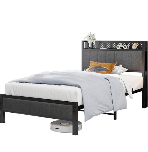 Single Bed Frame with Storage Headboard Shelf, No Box Spring Needed 3ft Upholstered Bed Frame with Heavy Duty Metal Slats, Easy Assembly,Gray, for Small Bedroom, Dorm, Guest Room