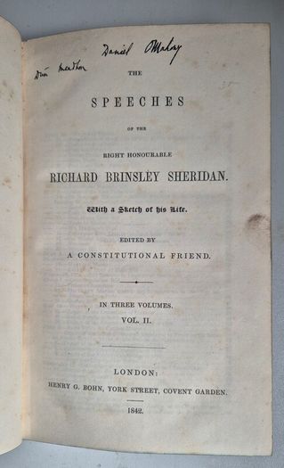 The Speeches of the Right Honourable Richard Brinsley Sheridan. 1842 First edition. Old antique book. Very scarce Irish interest.