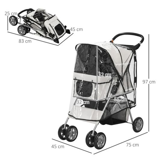 Pet Stroller for Small Miniature Dogs, Cats, Foldable Travel Carriage with Wheels Zipper Entry, Cup Holder, Storage Basket - Grey