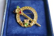 Vintage Gold Colored Alloy Claddagh Heart Brooch with Crystals