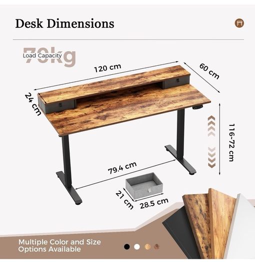 Electric Height Adjustable Desk, with 2 Fabric Drawers, 120x60cm 72-116cm Height, Stable Sit-Stand Standing Desk w. 2 Memory Buttons, Computer Desk for Home Office, 2 pcs Desktops, Brown