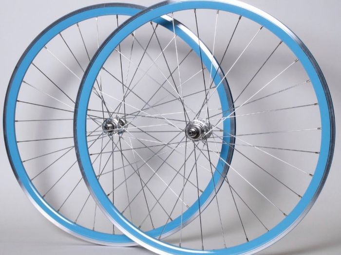 Sky Blue Bicycle Wheelset - Fixie/Singlespeed/FixedGear/Track Bike (FlipFlop Rear Hub) Sealed Bearings - Massive Discount Sale due to Cosmetic Flaws - Light Blue Rims with Silver Spokes and Hubs