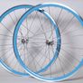 Sky Blue Bicycle Wheelset - Fixie/Singlespeed/FixedGear/Track Bike (FlipFlop Rear Hub) Sealed Bearings - Massive Discount Sale due to Cosmetic Flaws - Light Blue Rims with Silver Spokes and Hubs Image 2