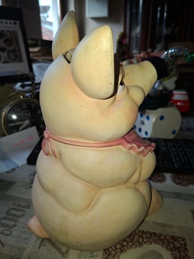 Large Vintage Hand Painted Ceramic Piggy bank Whimsical Baby Pig Pink Bib and Sucking on a Pacifier