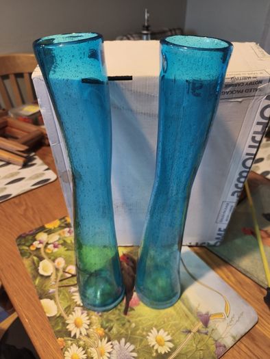 Pair of mid century blue glass vases, Art Glass Soda Bubbles Glass Vase Turquoise Drunken Glass Vase, bubbles trapped in the glass