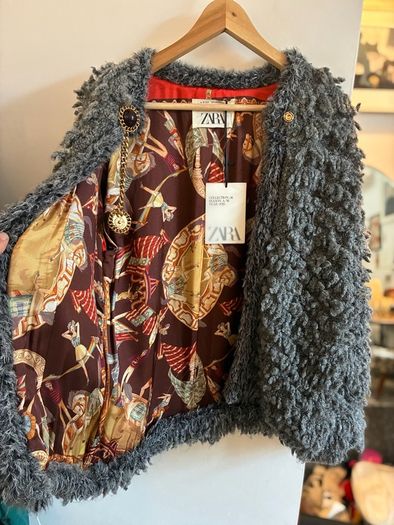 Zara faux sherling grey open coat with chain closure