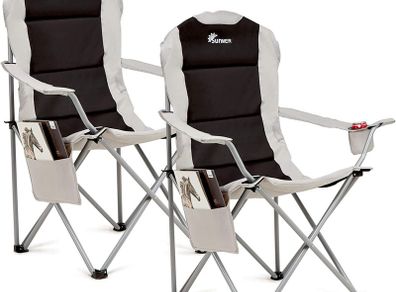 Padded Camping Chairs - Set of 2 Deluxe Folding Chairs with Cup Holder and Side Pockets, Holds up to 120kg - Lightweight 3.3kg per Chair - Black & Grey