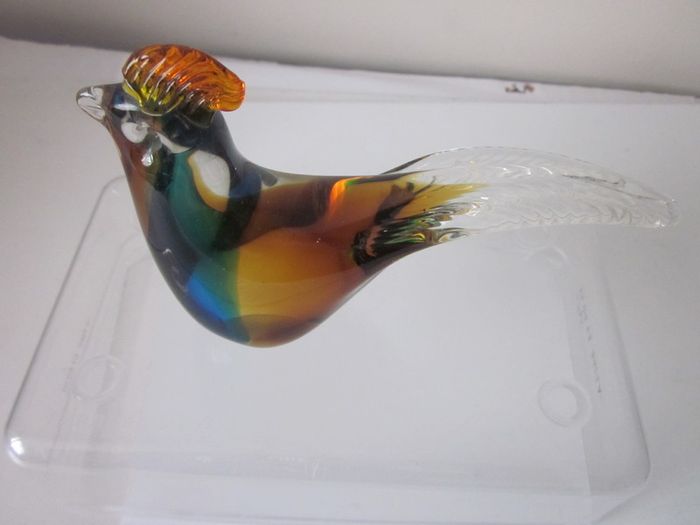 Pair of Hand Blown Multicoloured Art Glass Rooster Figurines